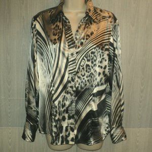 Chico's Blouse Size 1 Small-Med Gray Animal Print Long Sleeves Front Buttoned